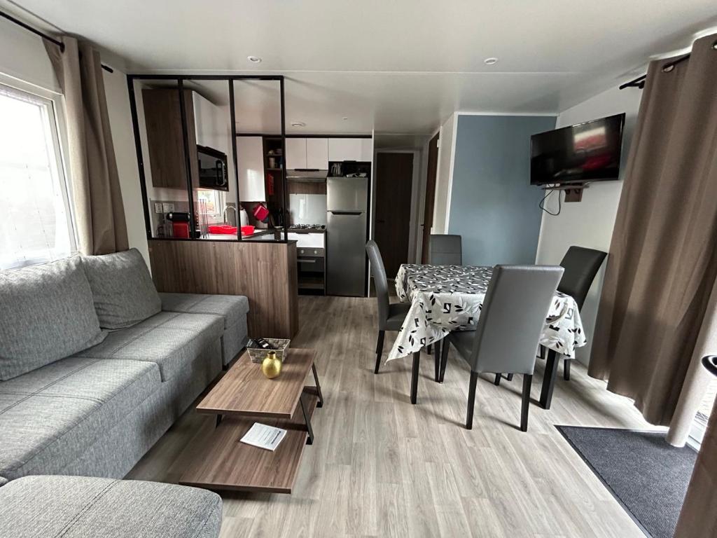 un salon avec un canapé et une table dans l'établissement Le Paradis du Rhône - mobilhome moderne et confortable, à Condrieu