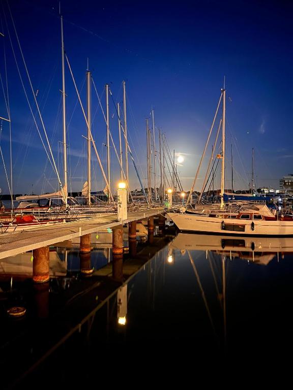 a group of boats docked in a marina at night at FeWo "Hafenquartier" in Barth