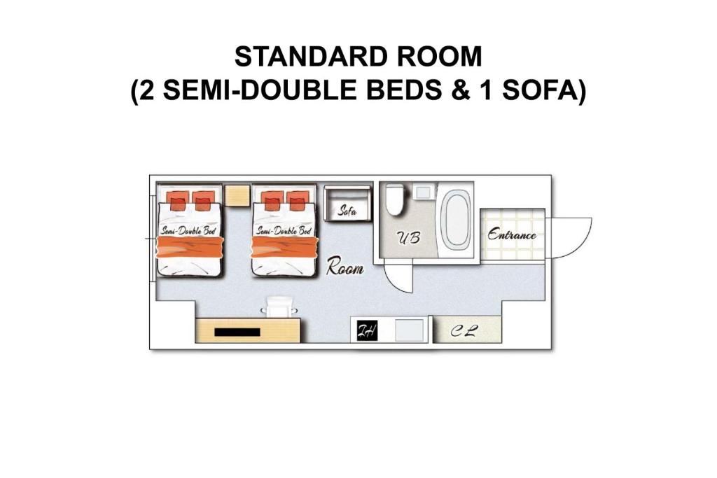 a floor plan of the standard room double beds and sofa at Miyazaki Mango Hotel - Vacation STAY 58300v in Miyazaki