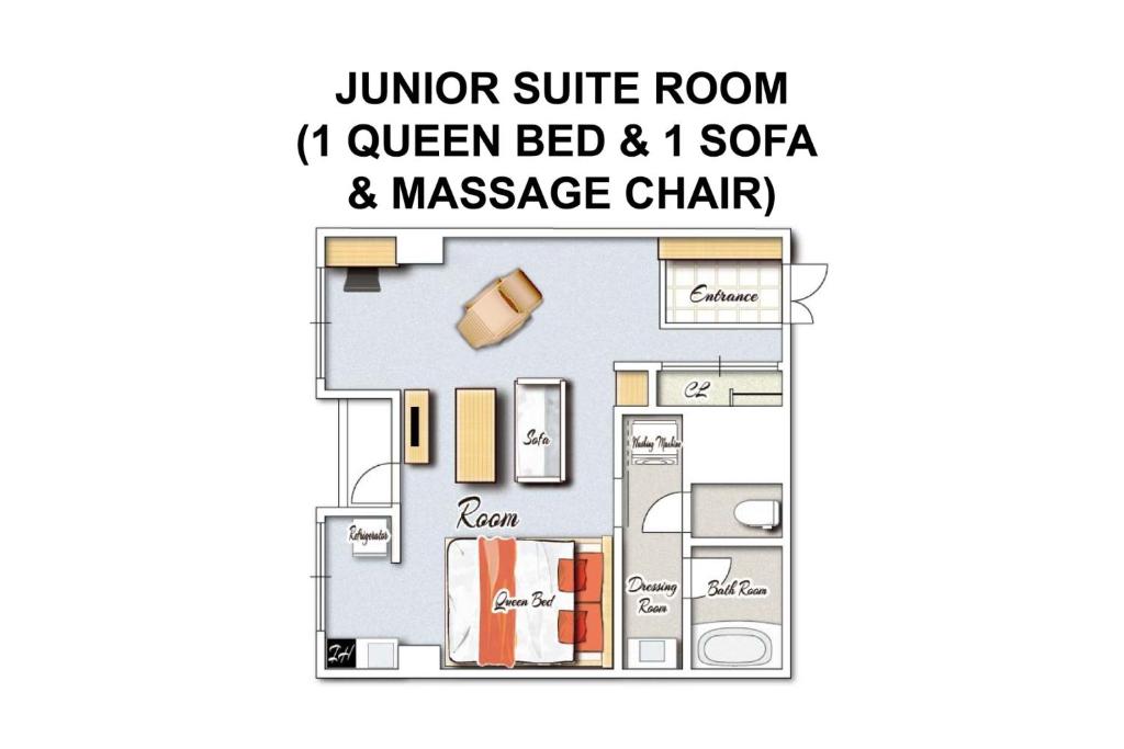 a floor plan of a queen bed and spa massage chair at Miyazaki Mango Hotel - Vacation STAY 58309v in Miyazaki
