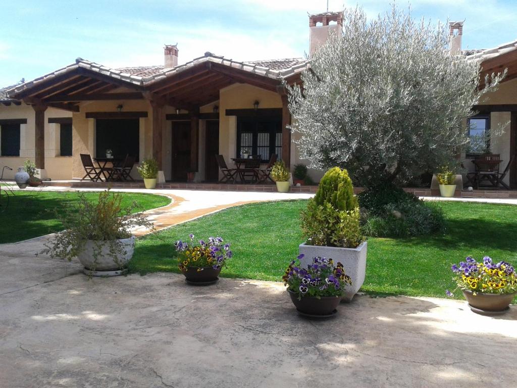 a house with potted plants in front of a yard at La Senda Del Duratón in Sebúlcor