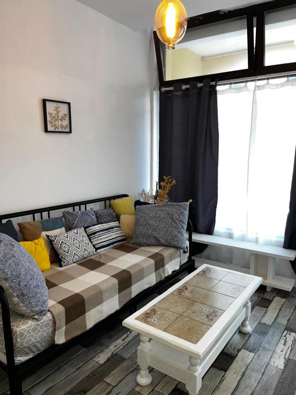 un salon avec un canapé et une table basse dans l'établissement T2 confortable avec climatisation à 100 m de la plage - 4HOUS34, à Canet