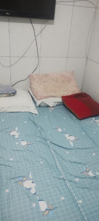 1 cama con edredón azul y almohada en Casa LF, en Salvador