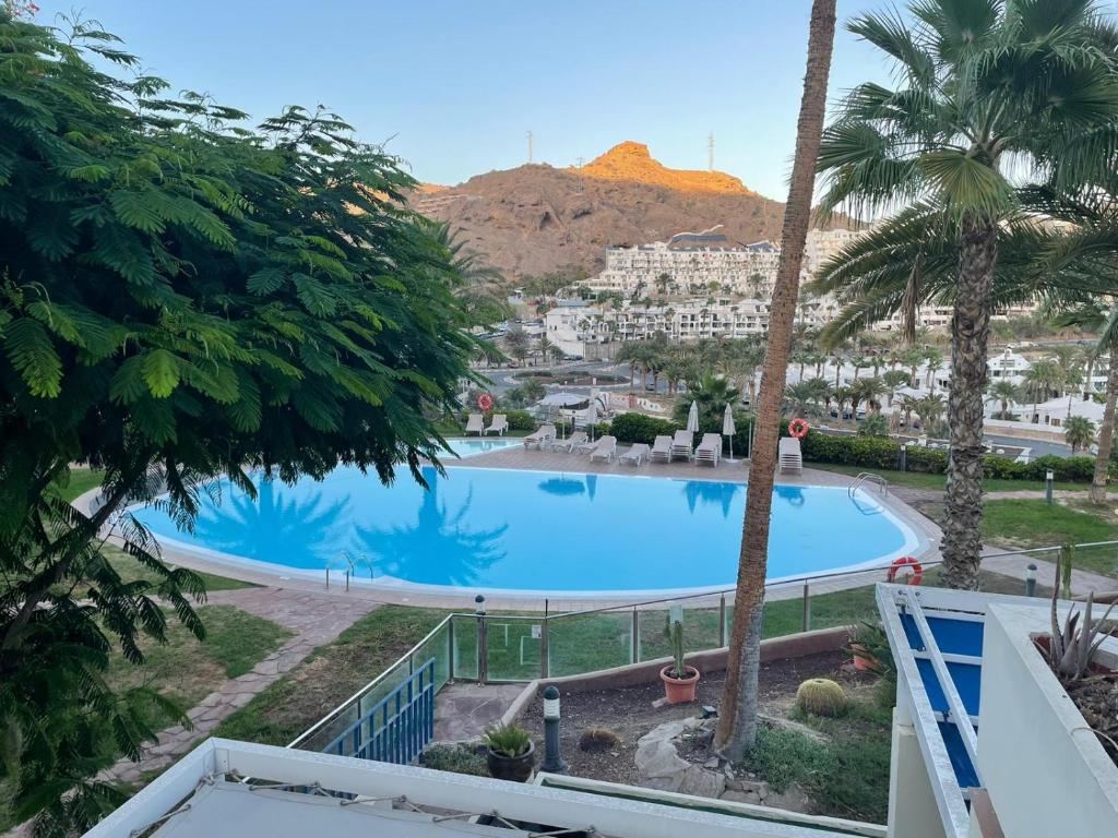 vistas a una gran piscina con palmeras en MONTE GOLF - TERRACE - POOLS - OCEAN VIEW - BEACH - WIFI - QUIET Complex, en Playa del Cura