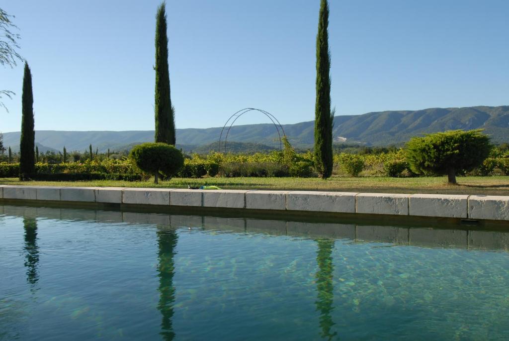 una piscina de agua con palmeras y montañas en el fondo en Clos De La Fontaine, en Cabrières-dʼAvignon