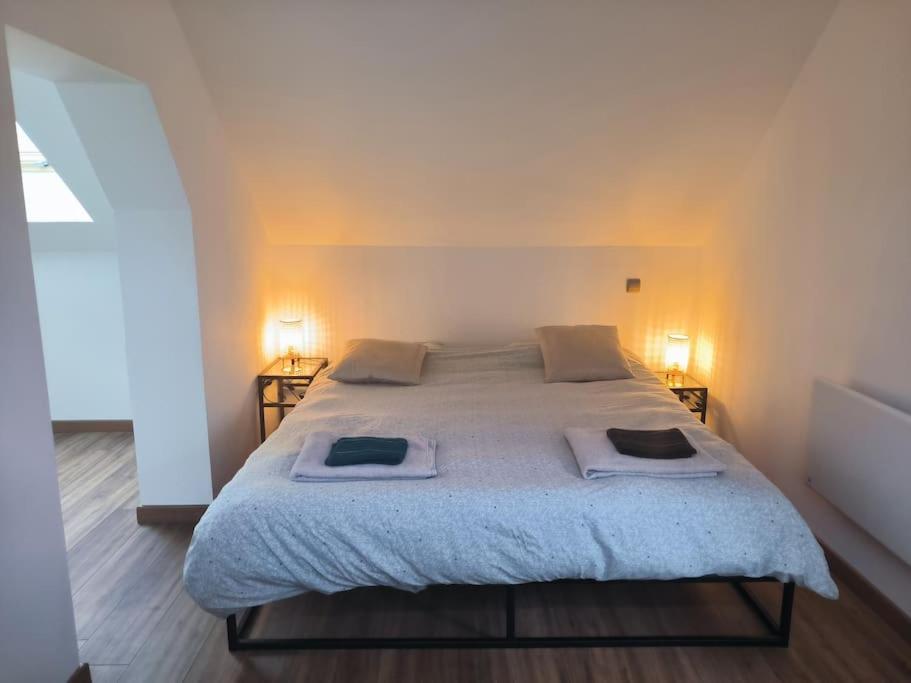 une chambre avec un grand lit avec deux serviettes dessus dans l'établissement La Villa du Melda 15min de Troyes, à Villacerf