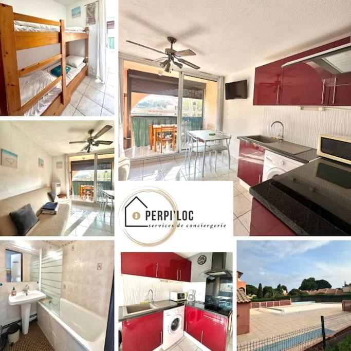 un collage de photos d'une cuisine avec des armoires rouges dans l'établissement Studio 121 Canet Plage, à Canet