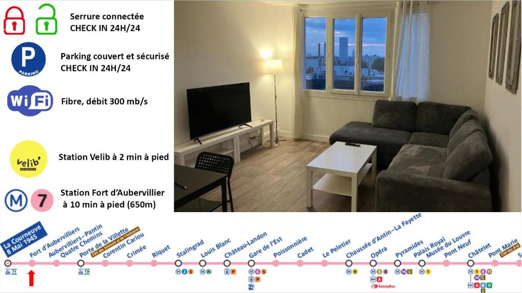 Un televizor și/sau centru de divertisment la Logement spacieux à 15min de Paris - Free parking - Free wifi