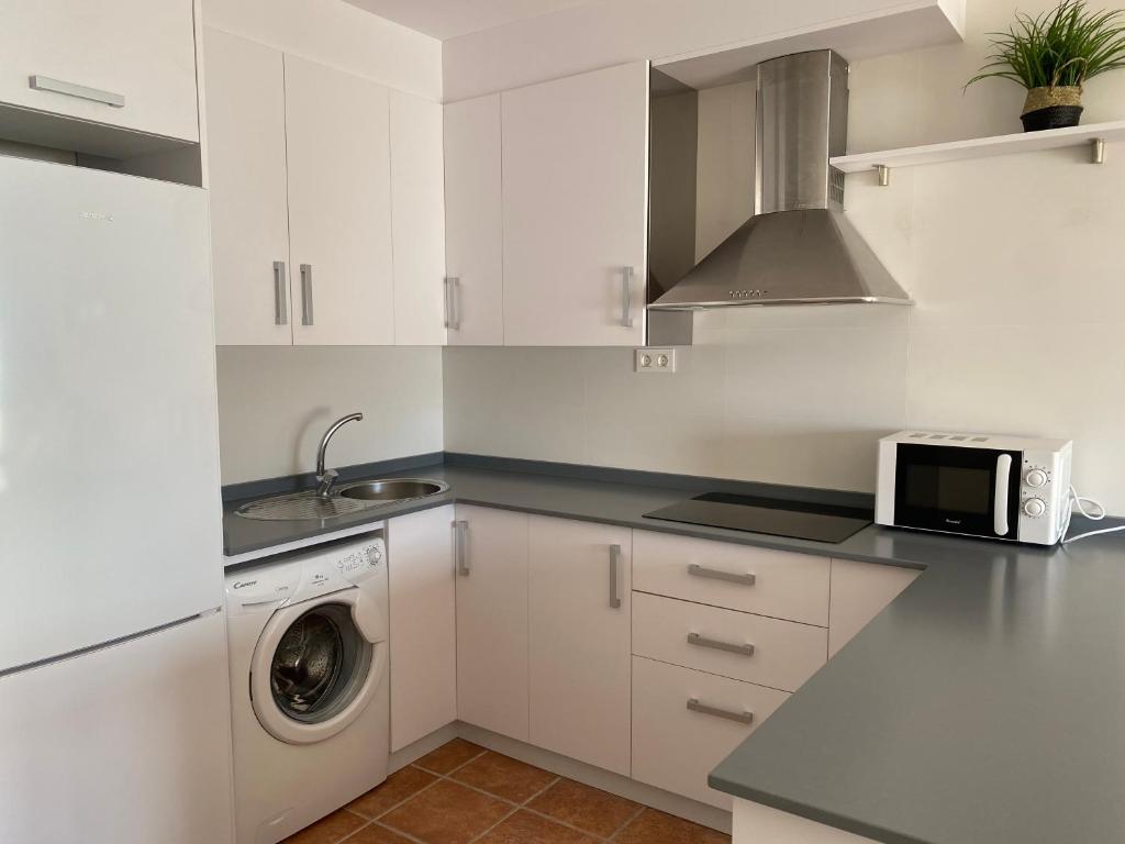 a white kitchen with a washing machine and a sink at Apartahotel Vistamar San José in San José