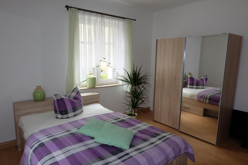 ein Schlafzimmer mit einem Bett und einem großen Spiegel in der Unterkunft Im Kuckucksnest in Chemnitz