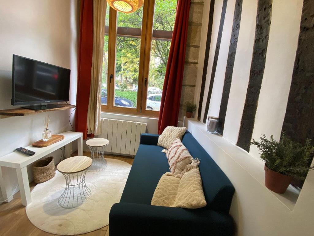 un salon avec un canapé bleu et une télévision dans l'établissement La mezzanine du Maire - 352, à Rouen