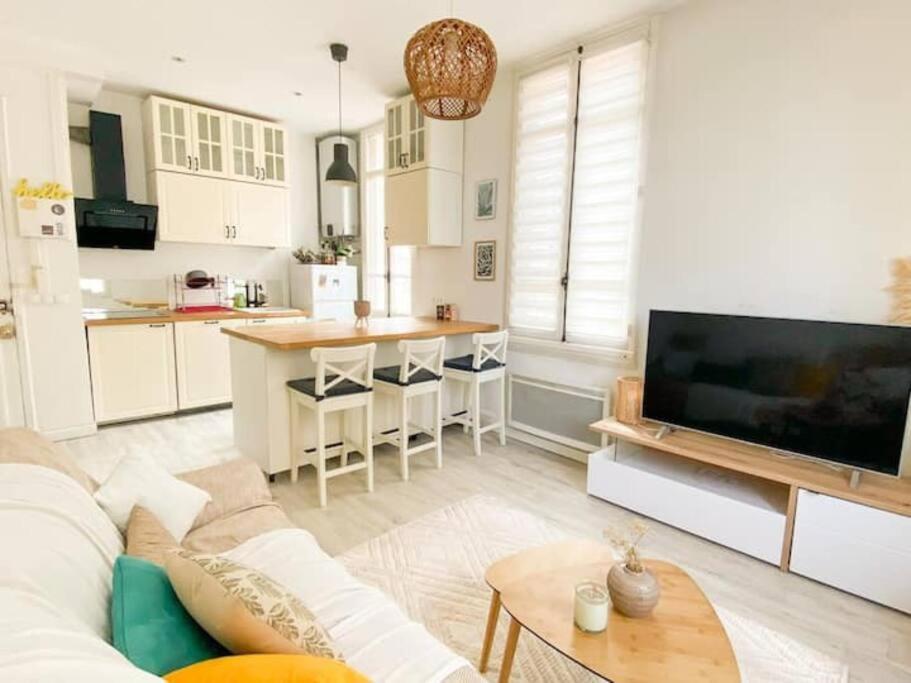 un salon avec un canapé et une cuisine dans l'établissement Joli appartement au calme à 10 min à pied des Marches et des plages, à Cannes