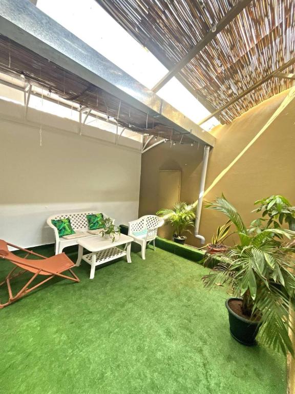 ein Wohnzimmer mit einem Sofa, Stühlen und Pflanzen in der Unterkunft Studio Meublé de Haut Standing in Abidjan