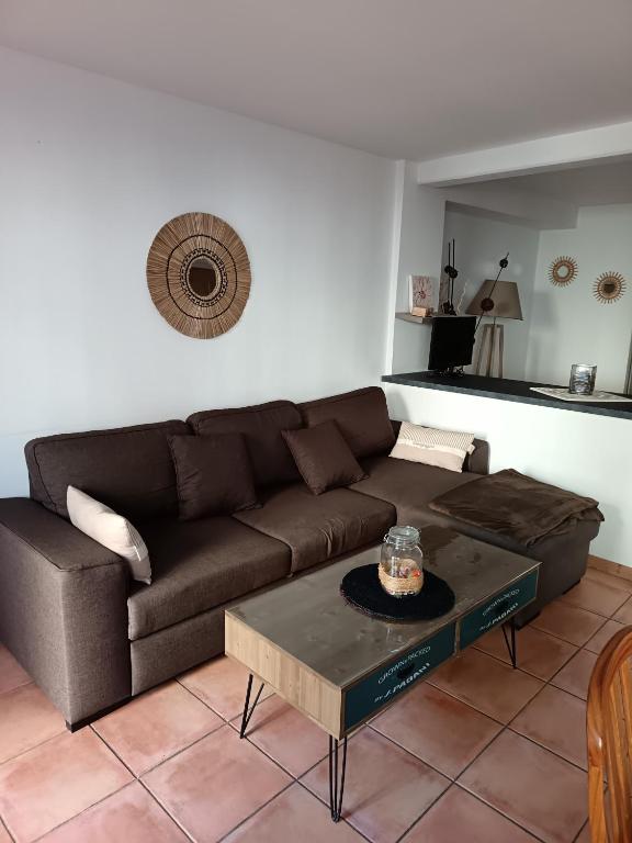 - un salon avec un canapé brun et une table basse dans l'établissement La petite Cabrière, à Cazouls-lès-Béziers