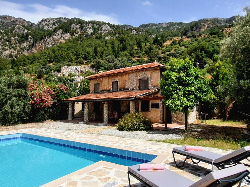 a villa with a swimming pool and a house at Stone house in Faralya in Fethiye