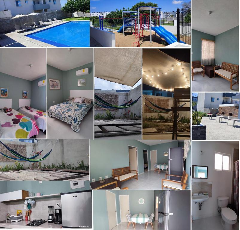 eine Collage mit Fotos von einem Schlafzimmer und einem Pool in der Unterkunft Valhalla Planta Baja cerca al Aeropuerto Factura in Valente Díaz y La Loma