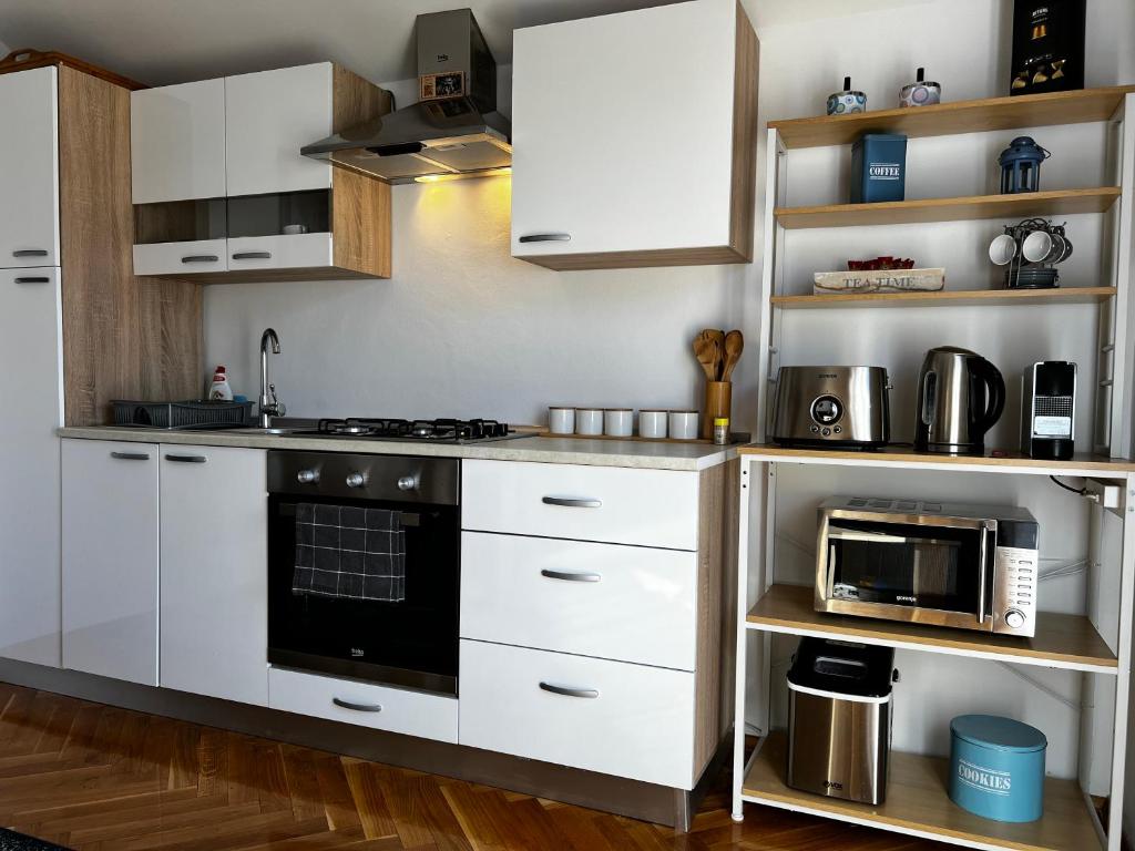 Kuchyň nebo kuchyňský kout v ubytování Apartment Satori
