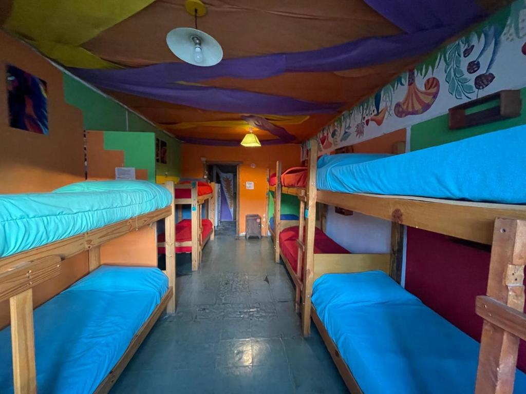 a group of bunk beds in a room with a ceiling at Hostel "La Casita Naranja" in El Bolsón