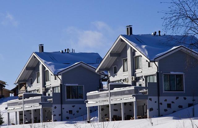 a large house with snow on the roof at Villa Vallaton 3 Bedroom Apartment in Jämsä