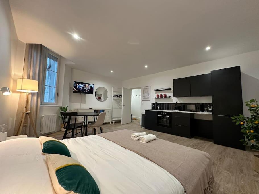 - une grande chambre avec un grand lit et une table dans l'établissement Acapulco, studio spacieux rénové, à Reims