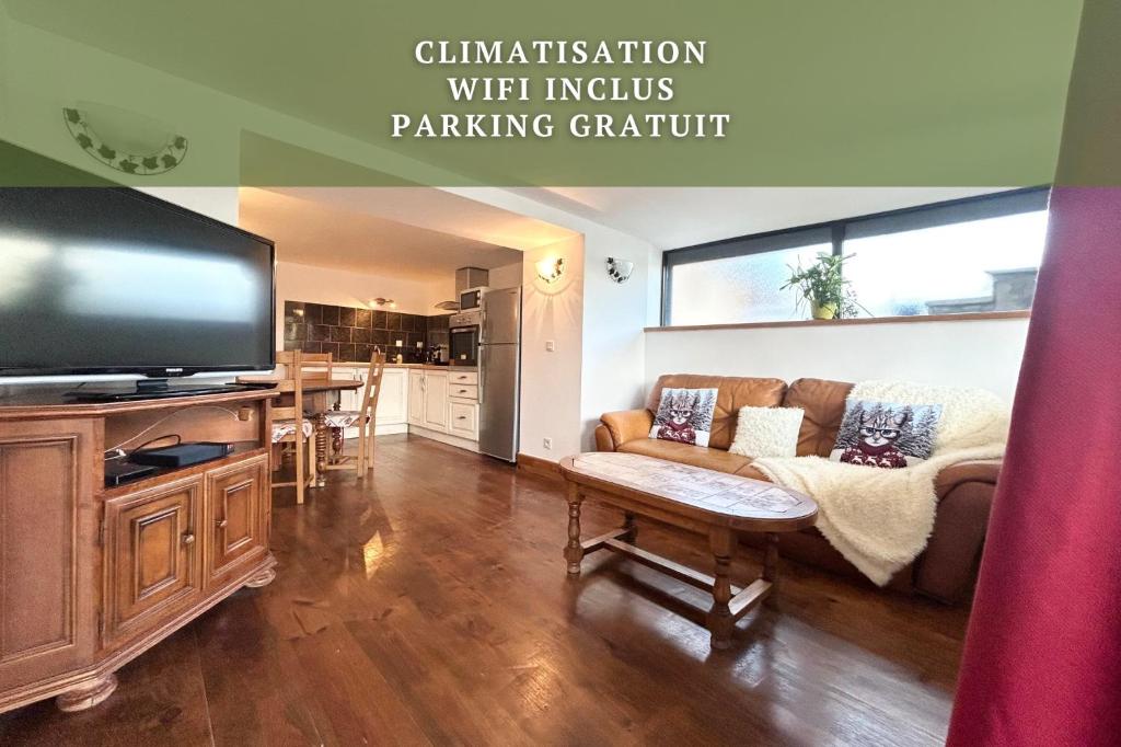 un salon avec un canapé et une télévision à écran plat dans l'établissement Le Chat de Lamartine- Clim Wifi Parking-CLG Savoie, à Saint-Pierre-dʼAlbigny