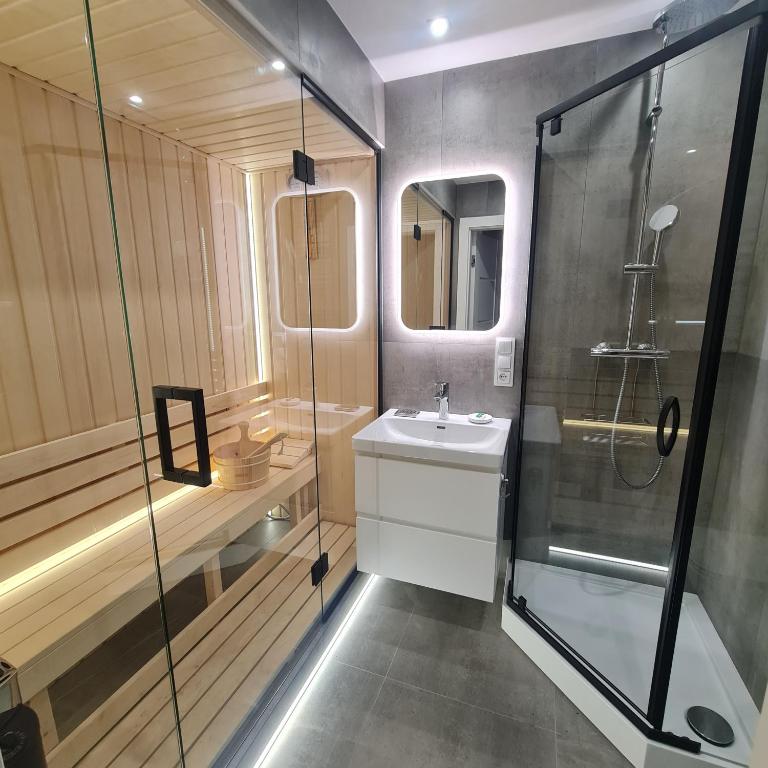 a bathroom with a sink and a glass shower at Central Park Green Apartament in Wrocław