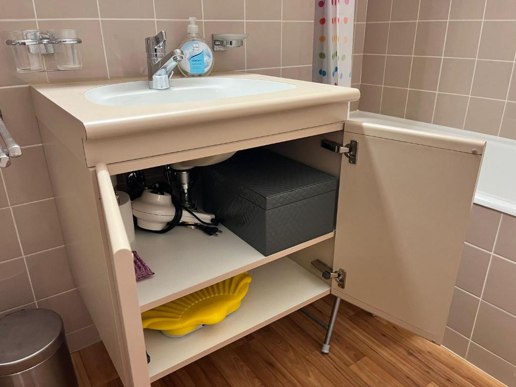a bathroom with a sink and a shelf under it at Utoring 322 in Leukerbad
