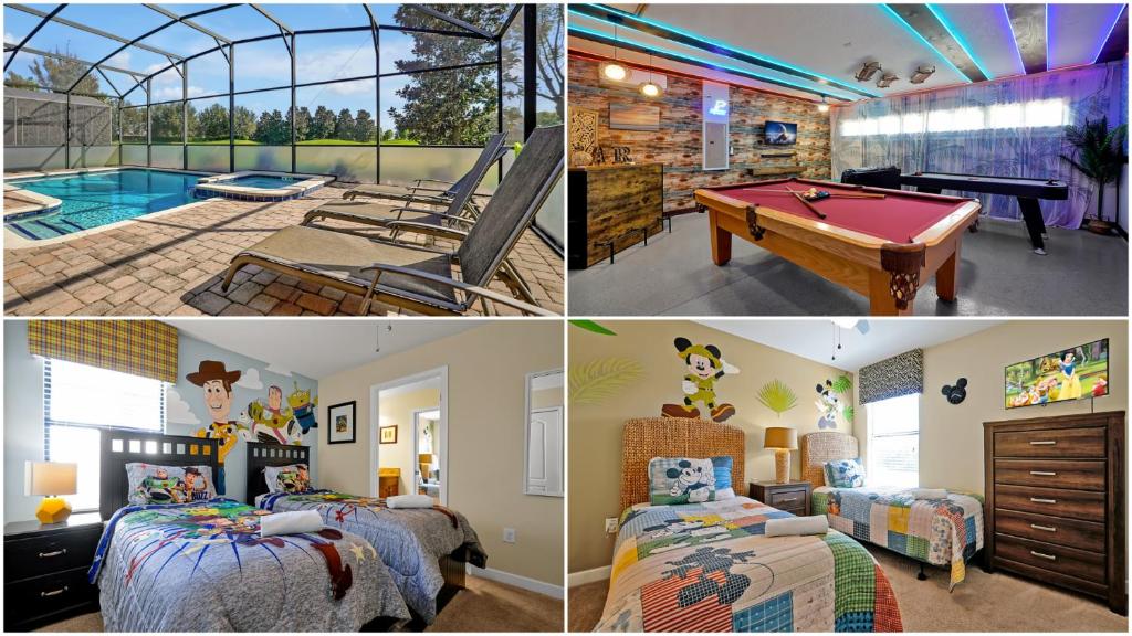 a collage of pictures of a bedroom with a pool table at Embrace Disney Magic at Our Luxe 6-BR Villa in ChampionsGate! in Davenport