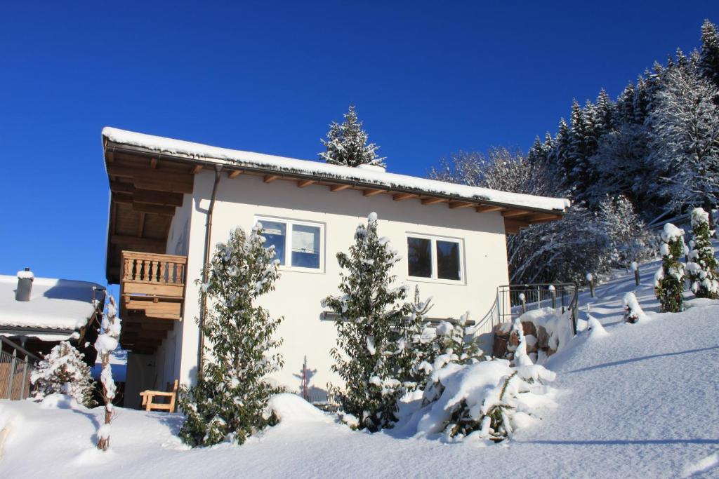 ein schneebedecktes Haus mit Bäumen davor in der Unterkunft Apartment Am Birkenweg in Oberndorf in Tirol