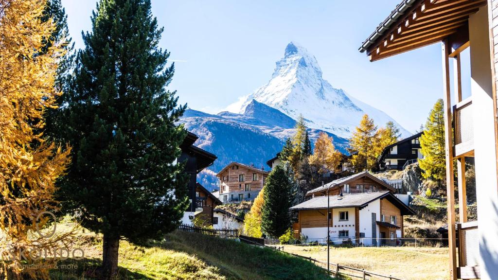 Une montagne au loin avec un village et un arbre dans l'établissement Haus Luchre Zermatt Wohnung mit Matterhornblick, à Zermatt
