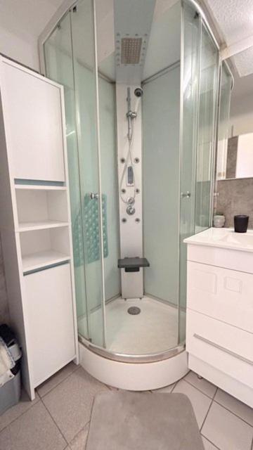 La salle de bains est pourvue d'une cabine de douche en verre. dans l'établissement Appartement idéal pour famille vue sur la piscine 4GB217, au Barcarès
