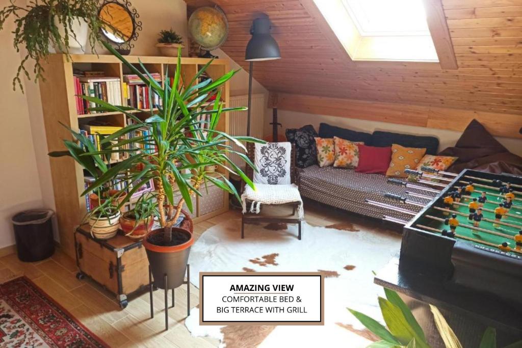 a living room with a couch and a pool table at House for nature lovers in Medvode