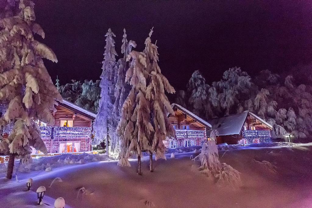 a log cabin covered in christmas lights in the snow at Suior Resort Cota 1000 in Baia-Sprie