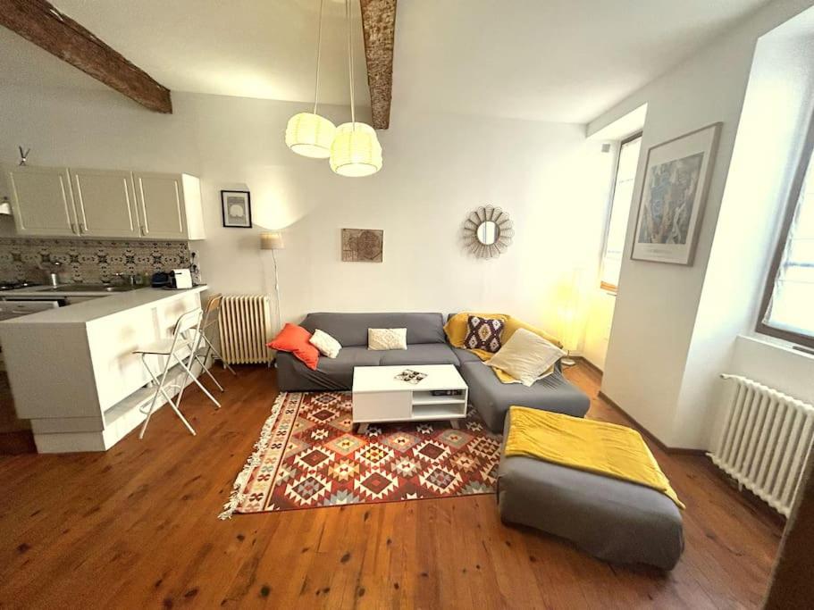 un salon avec un canapé et une cuisine dans l'établissement Appartement Capitole Daurade, à Toulouse