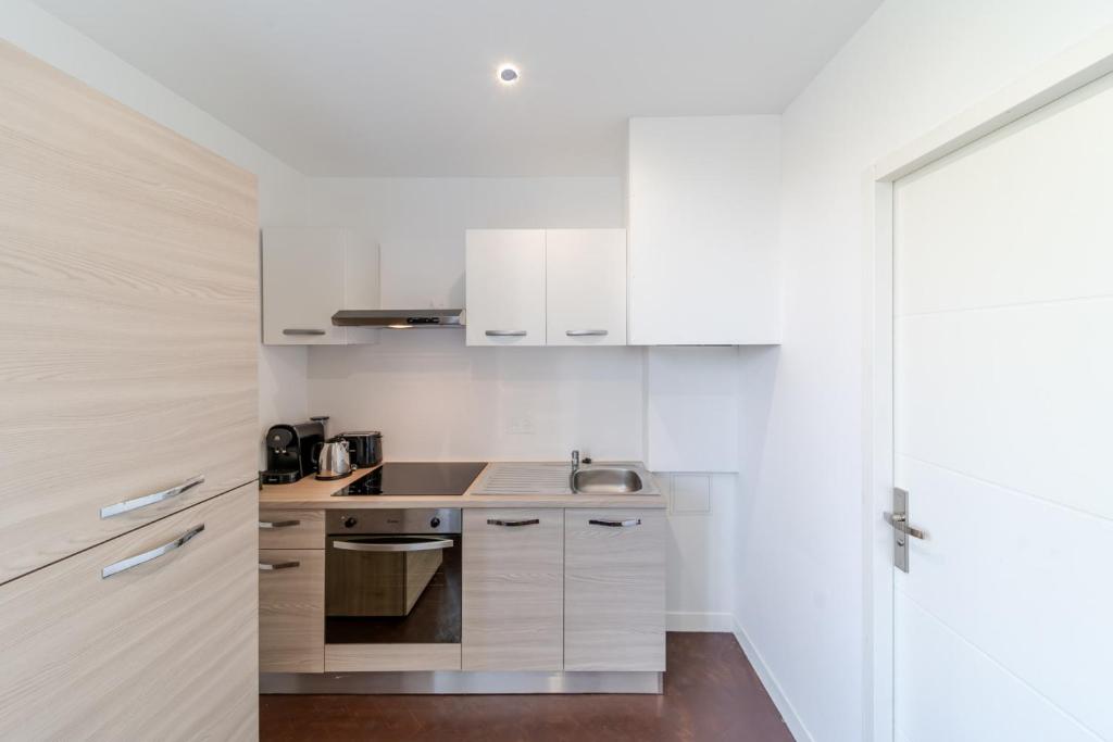 a kitchen with white cabinets and a sink at Maison Fontanieres studio Le Roule in La Mulatière