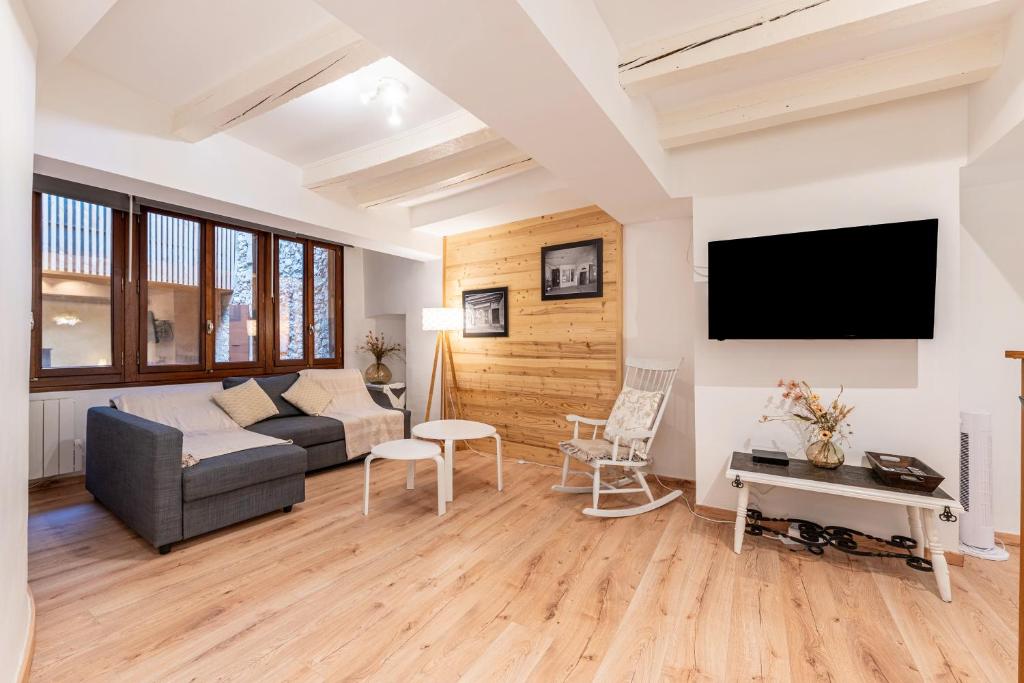 un salon avec un canapé et une télévision à écran plat dans l'établissement L'Alcôve Annecienne - Appt proche du lac d'Annecy, à Annecy