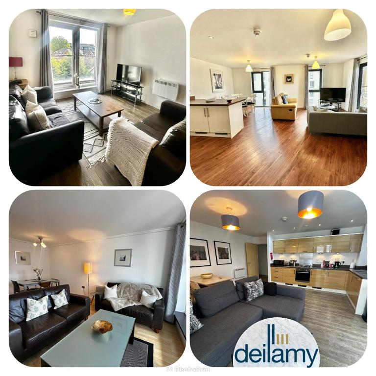 a collage of four pictures of a living room at Woking Town Centre - Parking Included by Deilamy Homes in Woking