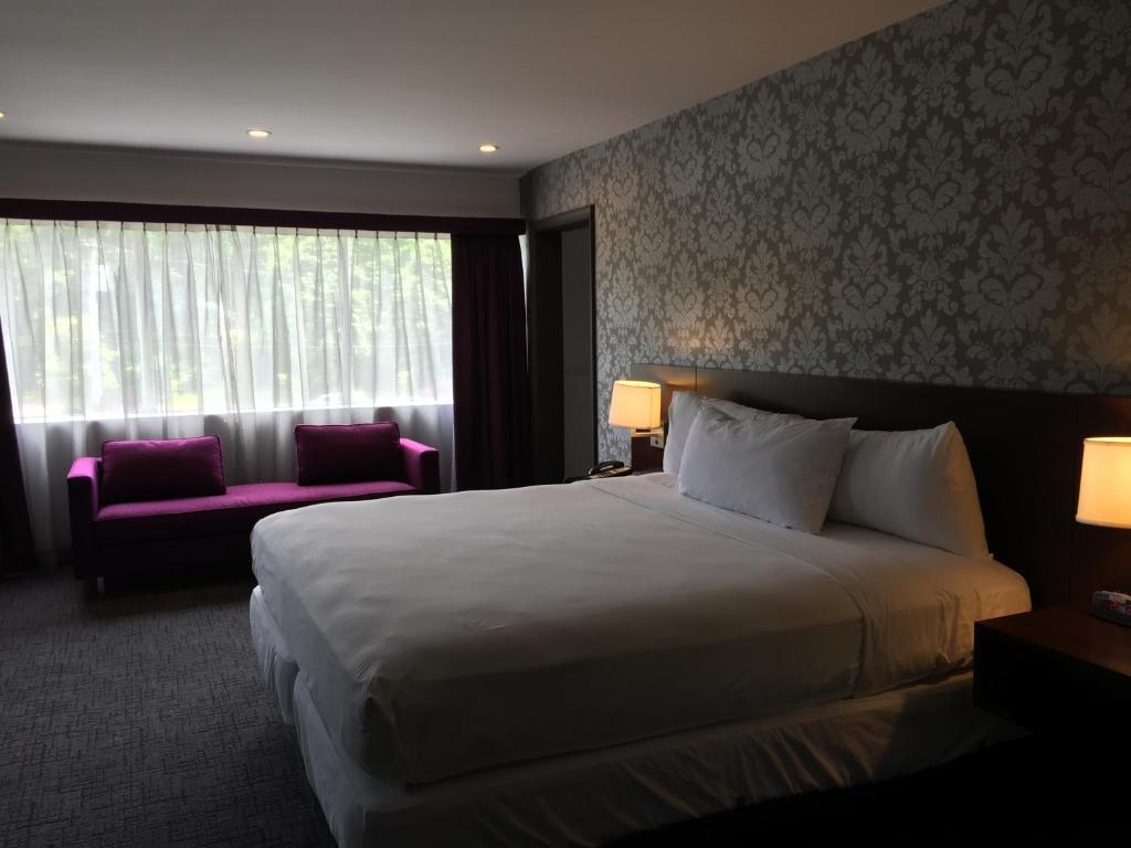 um quarto de hotel com uma cama grande e uma janela em The Royal Regency Hotel em Yonkers
