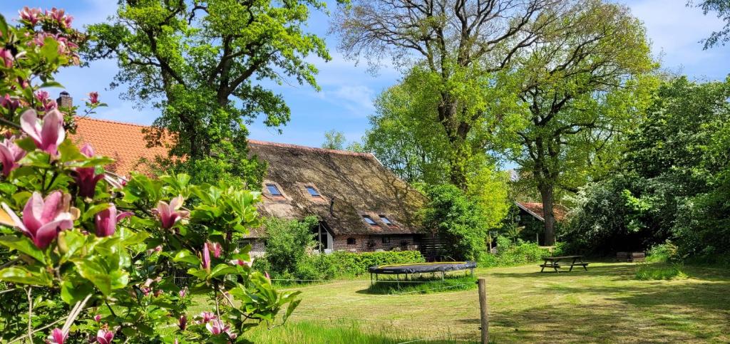 a house with a picnic table in a yard at Sfeervolle groepsaccommodatie met hottub in natuurgebied in Wateren