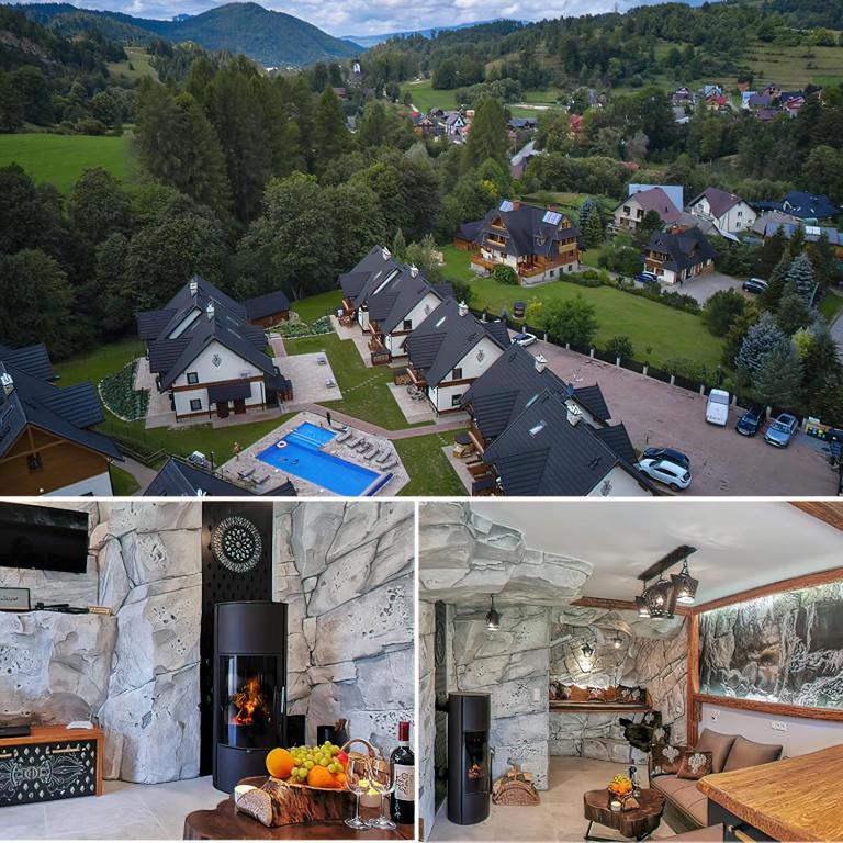 a collage of two pictures of a house at Pienińska Grota - z Kominkiem i Basenem - przy Wyciągu in Szczawnica