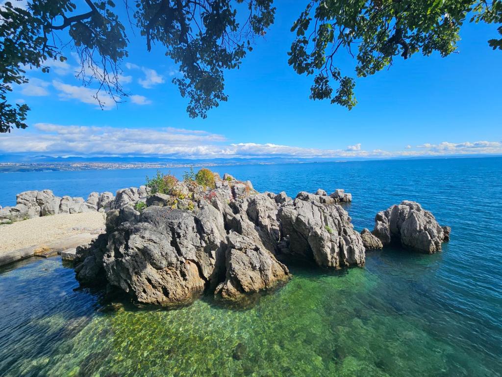 Wyspa w oceanie z kamieniami w wodzie w obiekcie Apartment Vita Lovran w mieście Lovran