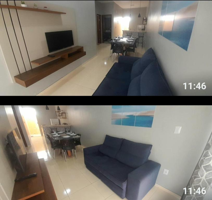 a living room with a blue couch and a television at Dunas residence casa 15- Lençois Maranhense in Santo Amaro