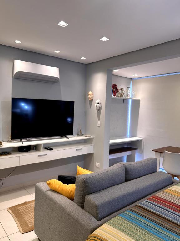a living room with a couch and a flat screen tv at Cosy Studio Apartament - Arujá SP in Arujá