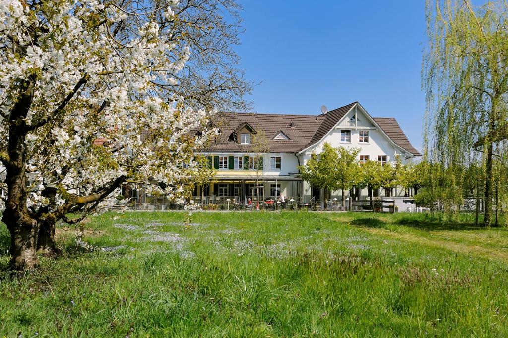 ein großes weißes Haus mit einem Baum auf einem Feld in der Unterkunft Landgasthof Seelust in Egnach