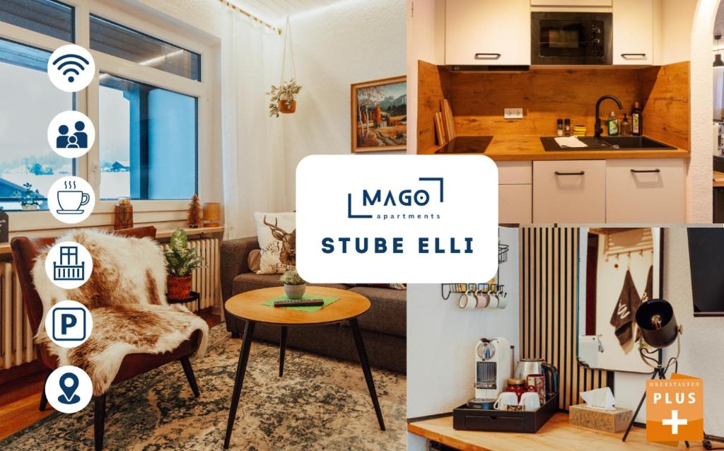 eine Collage mit Fotos von einer Küche und einem Wohnzimmer in der Unterkunft Stube Elli mit Oberstaufen Plus Karte in Oberstaufen