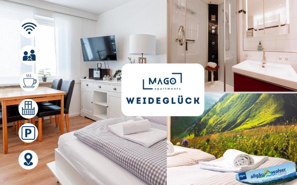 a room with a bed and a kitchen and a bathroom at Weideglück-Zentral-Dampfdusche in Oberstaufen