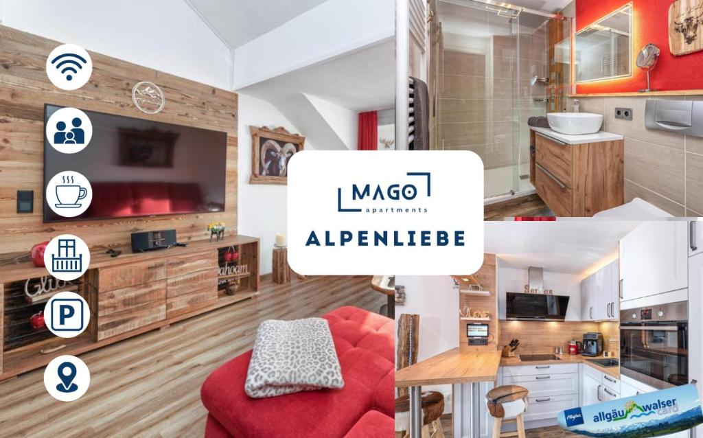 a collage of photos of a kitchen and a living room at Alpenliebe-mit Bergblick in Oberstaufen