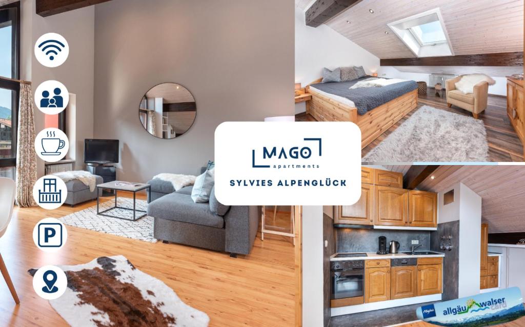 a collage of photos of a living room and a bedroom at Sylvies Alpenglück- Zentral- für 4 in Oberstaufen