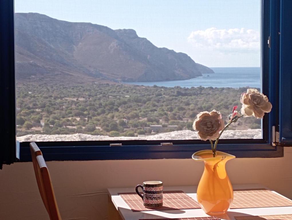 a vase with flowers on a table in front of a window at Pano Chorio Tilos in Megálon Choríon