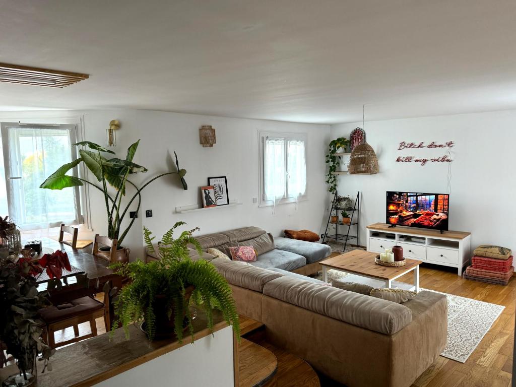 un salon avec un canapé et une table dans l'établissement Le Cocon d'Éragny, à Éragny